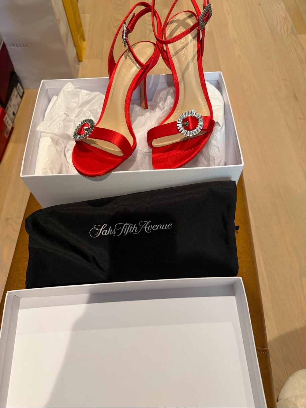 Saks Fifth Avenue Red Satin Stiletto Sandals with Crystal Accent